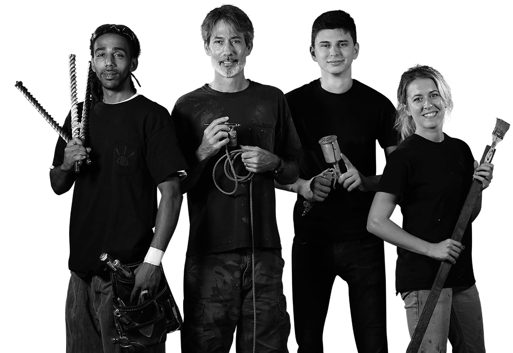 Four member team photo with tools layer
